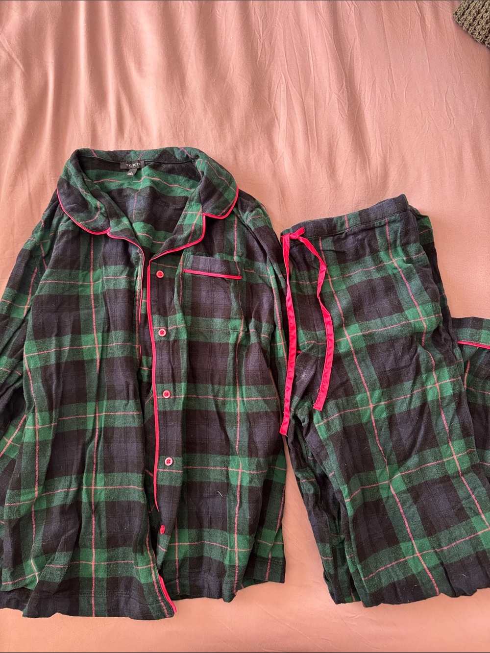 Talbots Green and Black Plaid Kids Pajama Set with Pink Trim